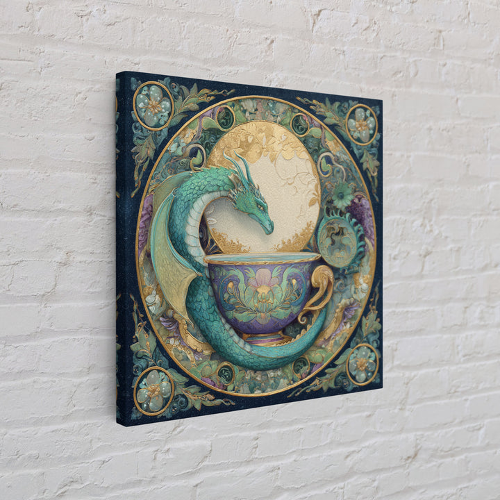 Dragon Curled Around a Teacup Framed Canvas Print, Whimsical Art, Pet Portrait, Living Room Decor, Wonder, Abstract Wall Art, WHI-1x1-96