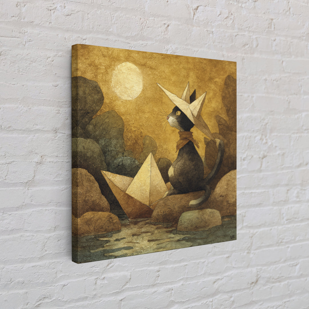 Cat Sailing a Paper Boat Canvas Print, Whimsical Art, Textured Painting, Living Room Decor, Fine Art, Wonder, Nursery Decor, WHI-1x1-98
