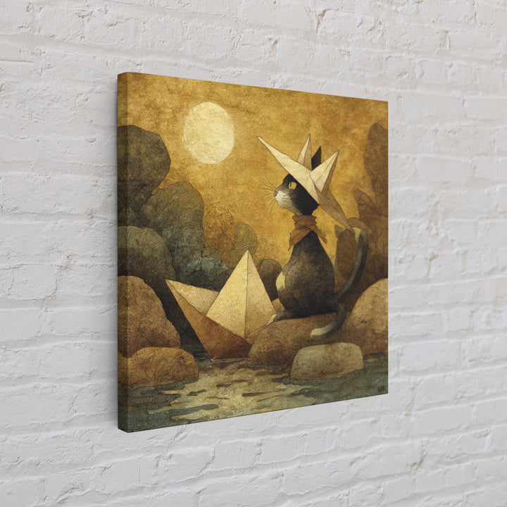 Cat Sailing a Paper Boat Canvas Print, Whimsical Art, Textured Painting, Living Room Decor, Fine Art, Wonder, Nursery Decor, WHI-1x1-98