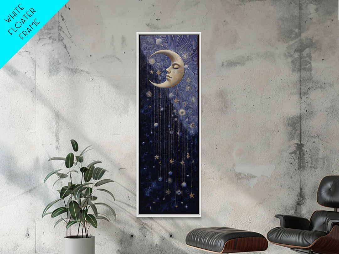 Moon with Sleeping Face and Dangling Stars Canvas Print, Whimsical Art, Nursery Art, Living Room Decor, Fine Art, Wonder, WHI-1x3-100
