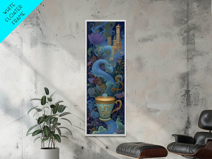 Dragon Curled Around a Teacup Canvas Print, Whimsical Art, Wall Art, Living Room Decor, Oil Painting, Wonder, Framed Wall Art, WHI-1x3-12