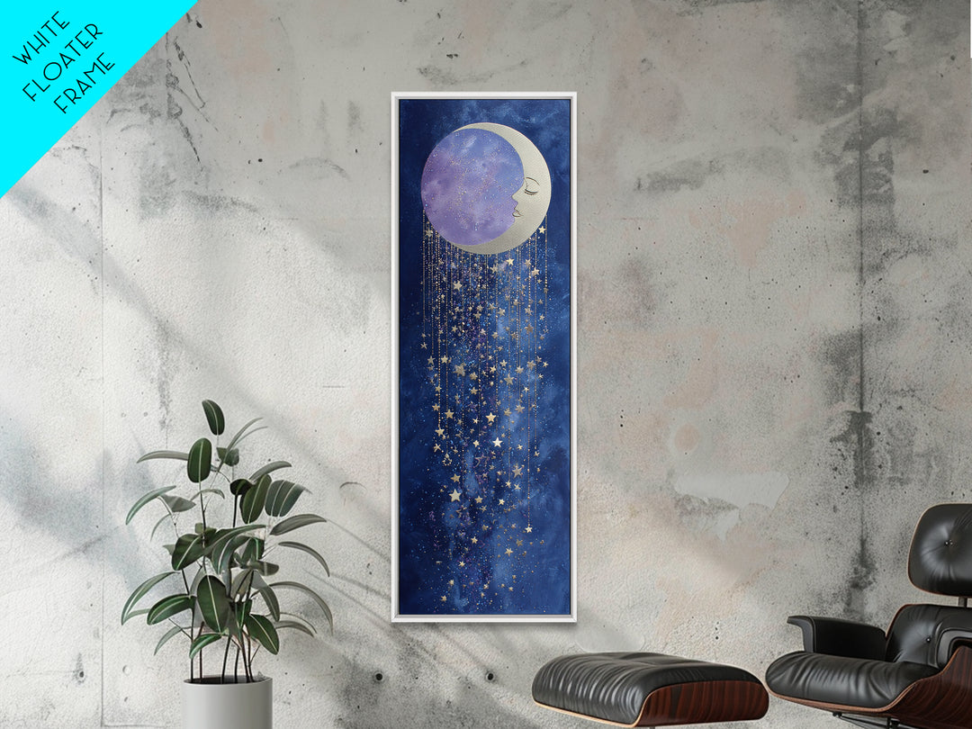 Moon with Sleeping Face and Dangling Stars Canvas Print, Whimsical Art, Art Print, Living Room Decor, Fine Art, Wonder, WHI-1x3-28