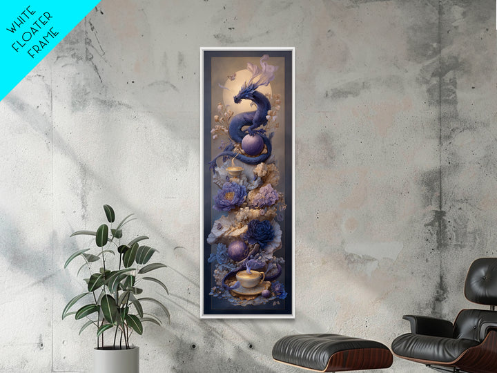 Dragon Curled Around a Teacup Framed Canvas Print, Whimsical Art, Pet Portrait, Living Room Decor, Wonder, Abstract Wall Art, WHI-1x3-36