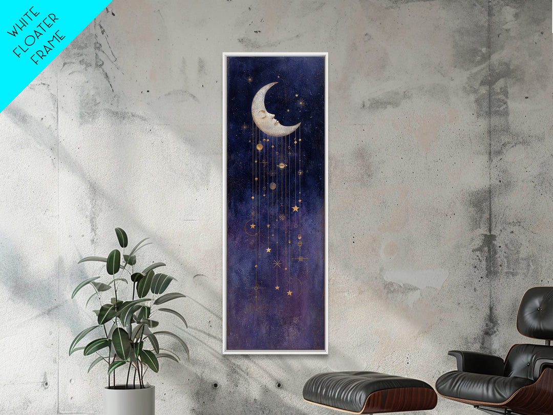 Moon with Sleeping Face and Dangling Stars Framed Canvas Print, Whimsical Art, Minimalist Decor, Living Room Decor, Wonder, WHI-1x3-4