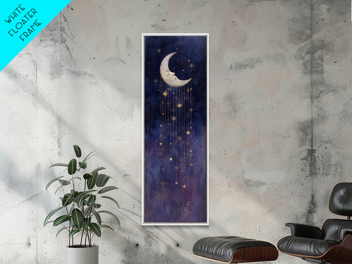 Moon with Sleeping Face and Dangling Stars Framed Canvas Print, Whimsical Art, Minimalist Decor, Living Room Decor, Wonder, WHI-1x3-4
