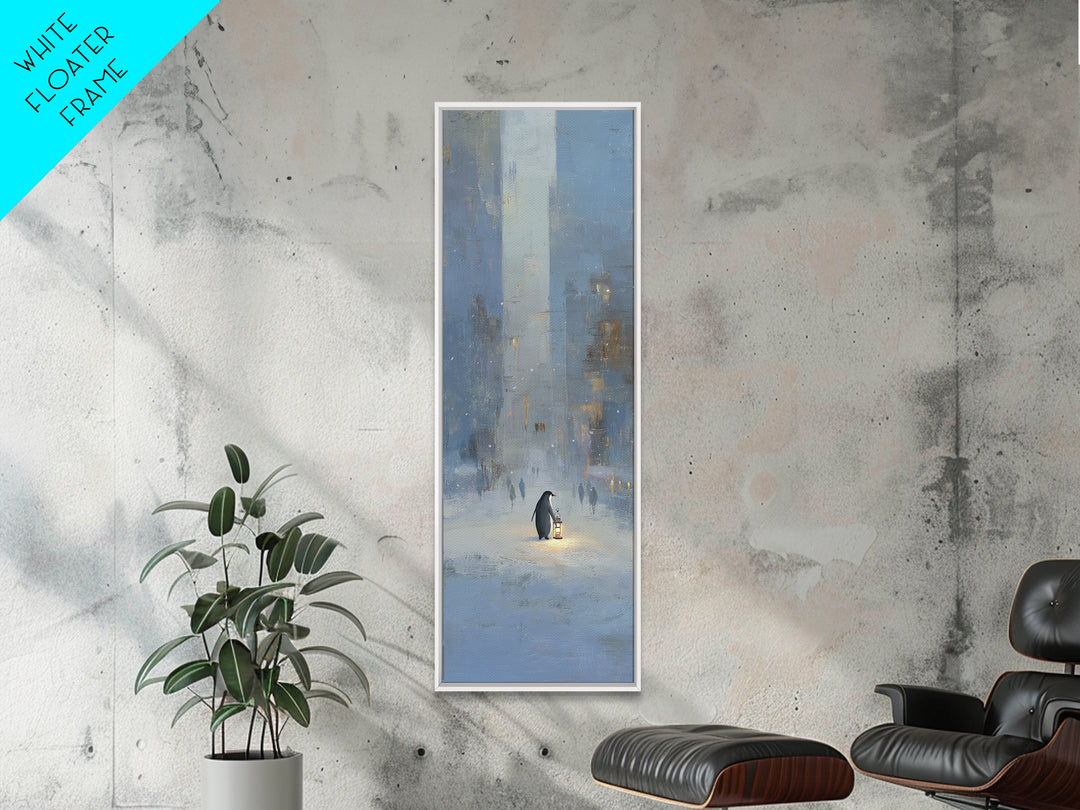 Penguin Holding a Lantern Framed Canvas Print, Whimsical Art, Textured Painting, Living Room Decor, Fine Art, Wonder, WHI-1x3-53