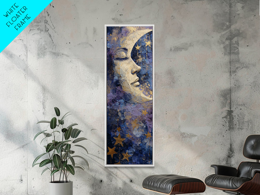 Moon with Sleeping Face and Dangling Stars Framed Canvas Print, Whimsical Art, Dopamine Decor, Living Room Decor, Wonder, WHI-1x3-76