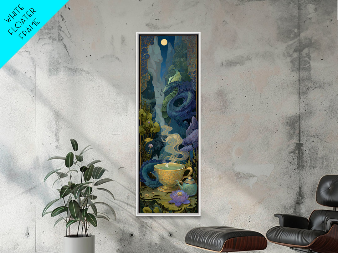 Dragon Curled Around a Teacup Framed Canvas Print, Whimsical Art, Nursery, Living Room Decor, Fine Art, Wonder, Watercolor Art, WHI-1x3-84