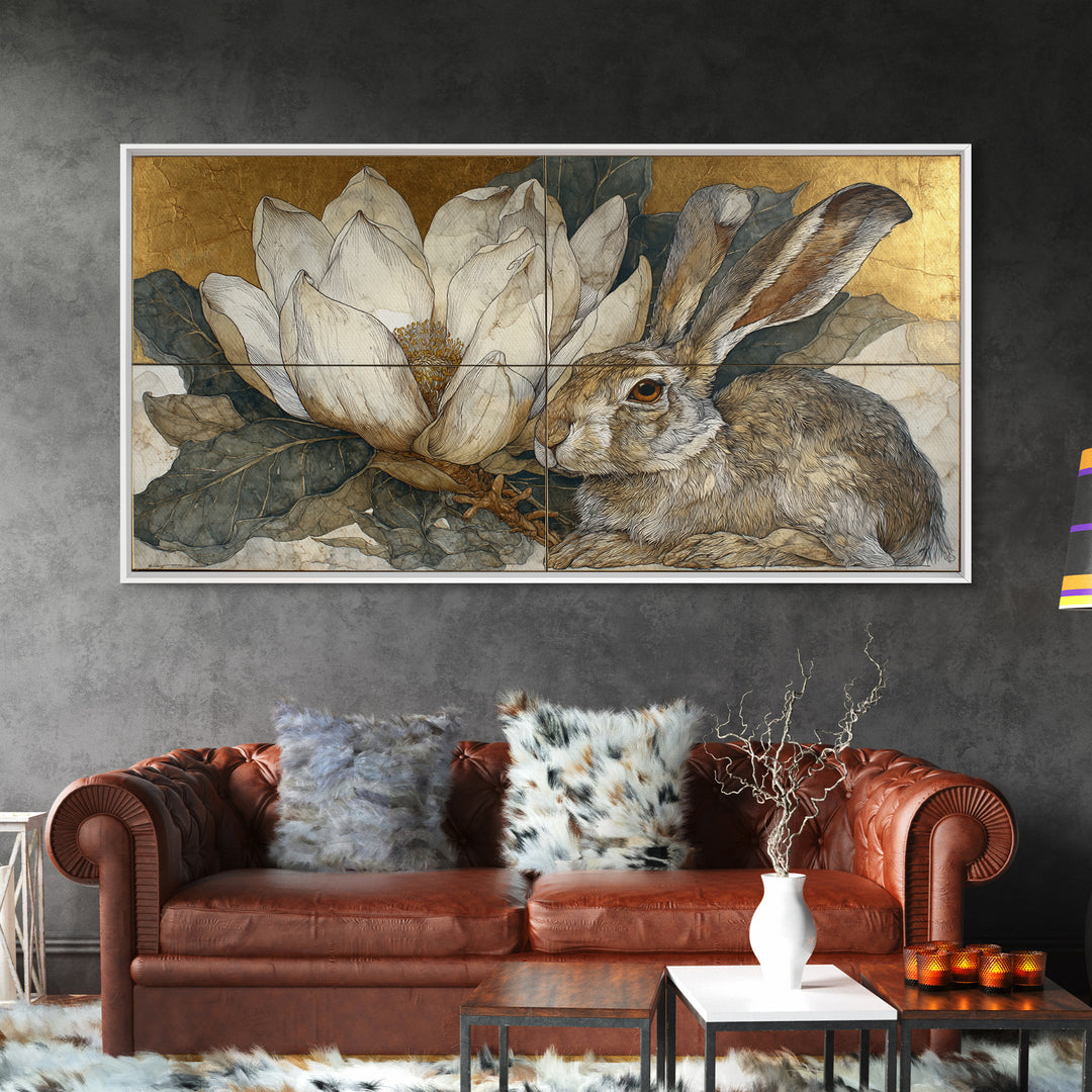 Rabbit Reading Beneath a Giant Flower Framed Canvas Print, Whimsical Art, Oil Painting, Living Room Decor, Wonder, WHI-2x1-1