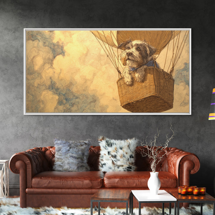 Dog in a Hot Air Balloon Framed Canvas Print, Whimsical Art, Contemporary Art, Living Room Decor, Fine Art, Wonder, Art Nouveau, WHI-2x1-10