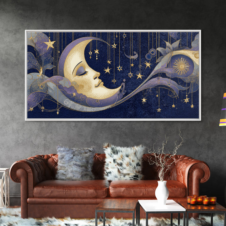 Moon with Sleeping Face and Dangling Stars Framed Canvas Print, Whimsical Art, Room Decor, Living Room Decor, Oil Painting, WHI-2x1-12