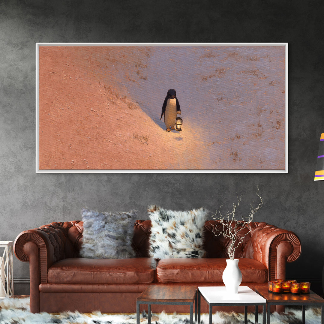 Penguin Holding a Lantern Framed Canvas Print, Whimsical Art, Digital Art, Living Room Decor, Fine Art, Wonder, Nursery, WHI-2x1-13