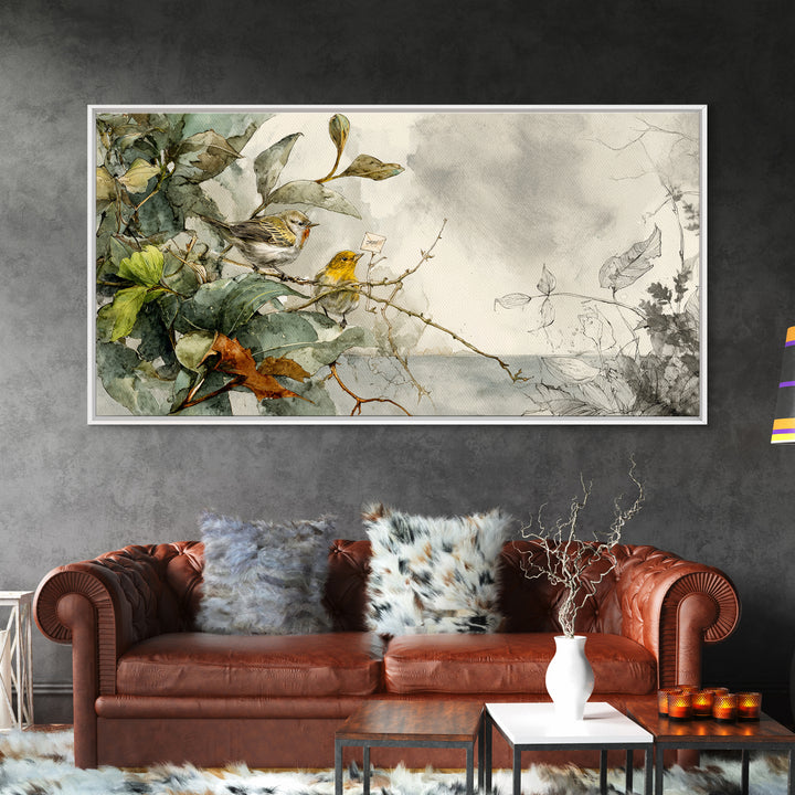 Bird Delivering a Tiny Love Letter Framed Canvas Print, Whimsical Art, Cat Art, Living Room Decor, Fine Art, Wonder, WHI-2x1-19
