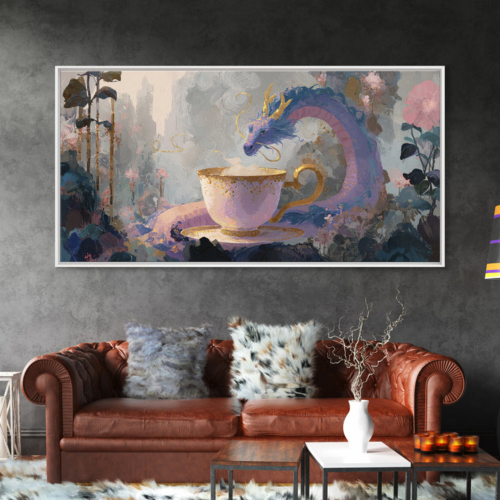 Dragon Curled Around a Teacup Framed Canvas Print, Whimsical Art, Statement Artwork, Living Room Decor, Fine Art, Wonder, WHI-2x1-20
