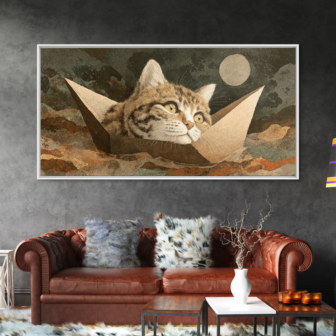 Cat Sailing a Paper Boat Canvas Print, Whimsical Art, Textured Painting, Living Room Decor, Fine Art, Wonder, Nursery Decor, WHI-2x1-22