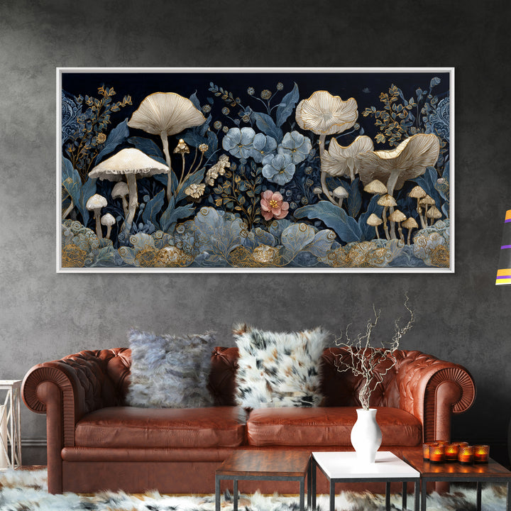 Teacup Garden with Tiny Mushrooms Framed Canvas Print, Whimsical Art, Minimalist Decor, Living Room Decor, Oil Painting, Wonder, WHI-2x1-24