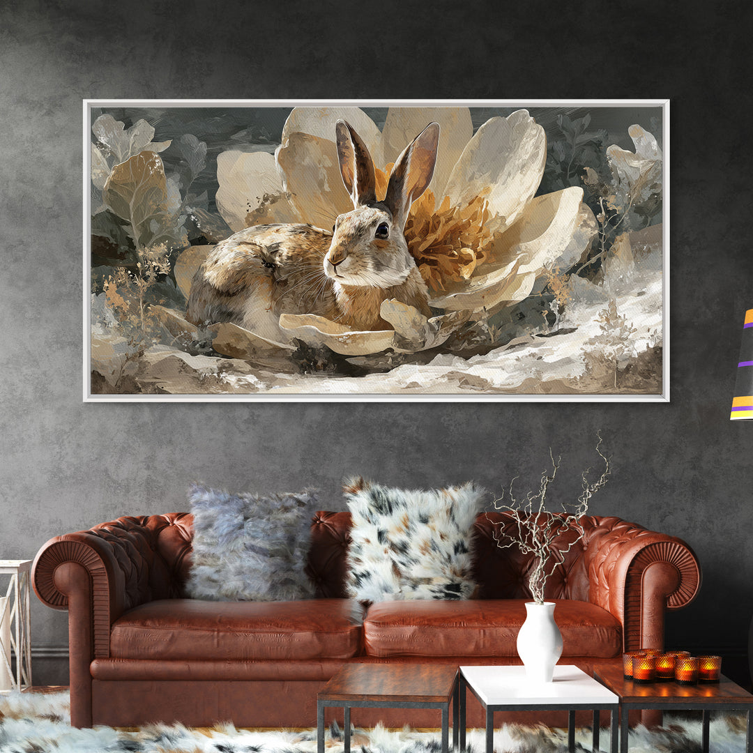 Rabbit Reading Beneath a Giant Flower Framed Canvas Print, Whimsical Art, Oil Painting, Living Room Decor, Wonder, WHI-2x1-25