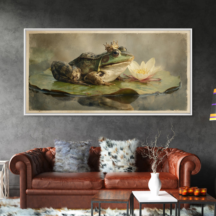 Frog Prince on a Lily Pad Framed Canvas Print, Whimsical Art, Contemporary Art, Living Room Decor, Wonder, Art Nouveau, WHI-2x1-28
