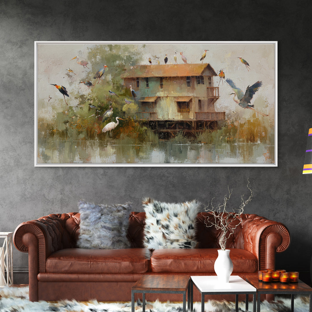 Floating House Carried by Colorful Birds Framed Canvas Print, Whimsical Art, Framed Wall Art, Living Room Decor, Wonder, WHI-2x1-3