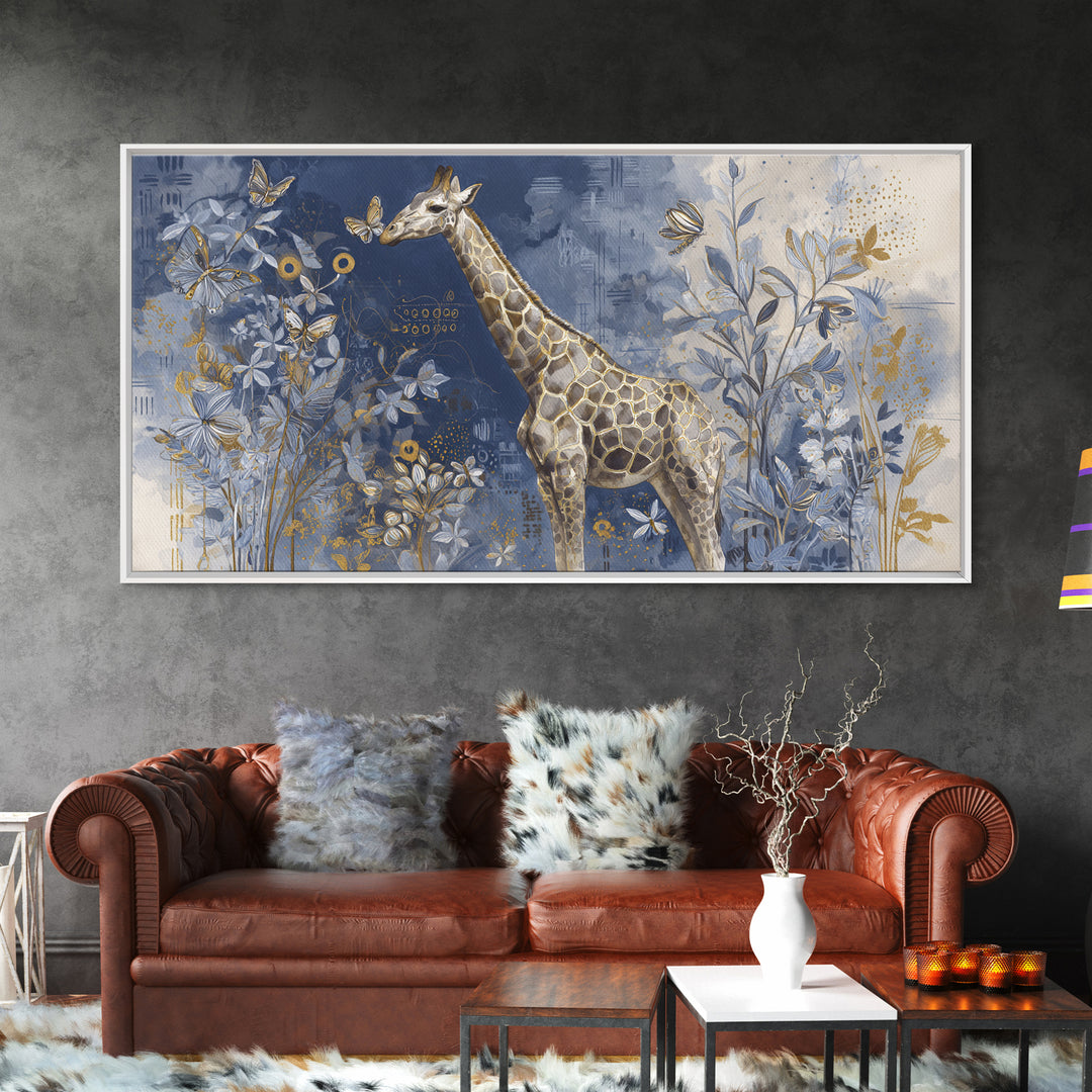 Giraffe with Scarf and Butterflies Framed Canvas Print, Whimsical Art, Minimalist Decor, Living Room Decor, Fine Art, Wonder, WHI-2x1-30