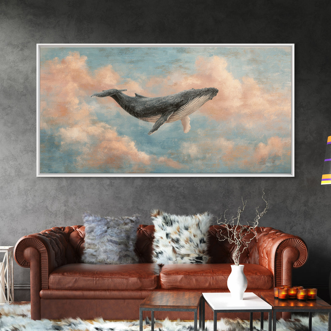 Whale Flying Through Clouds Like Ocean Framed Canvas Print, Whimsical Art, Art Print, Living Room Decor, Fine Art, Wonder, WHI-2x1-33