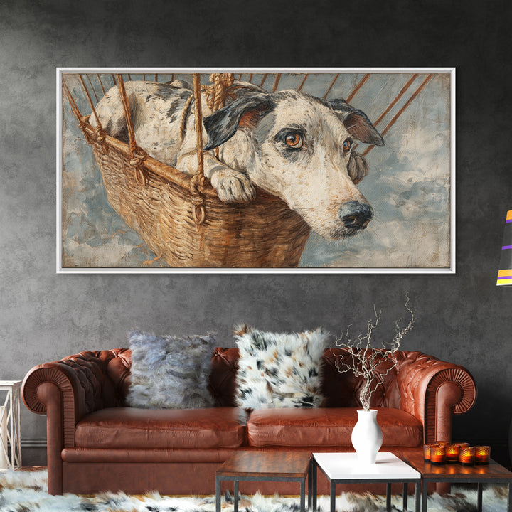 Dog in a Hot Air Balloon Framed Canvas Print, Whimsical Art, Contemporary Art, Living Room Decor, Fine Art, Wonder, Art Nouveau, WHI-2x1-34