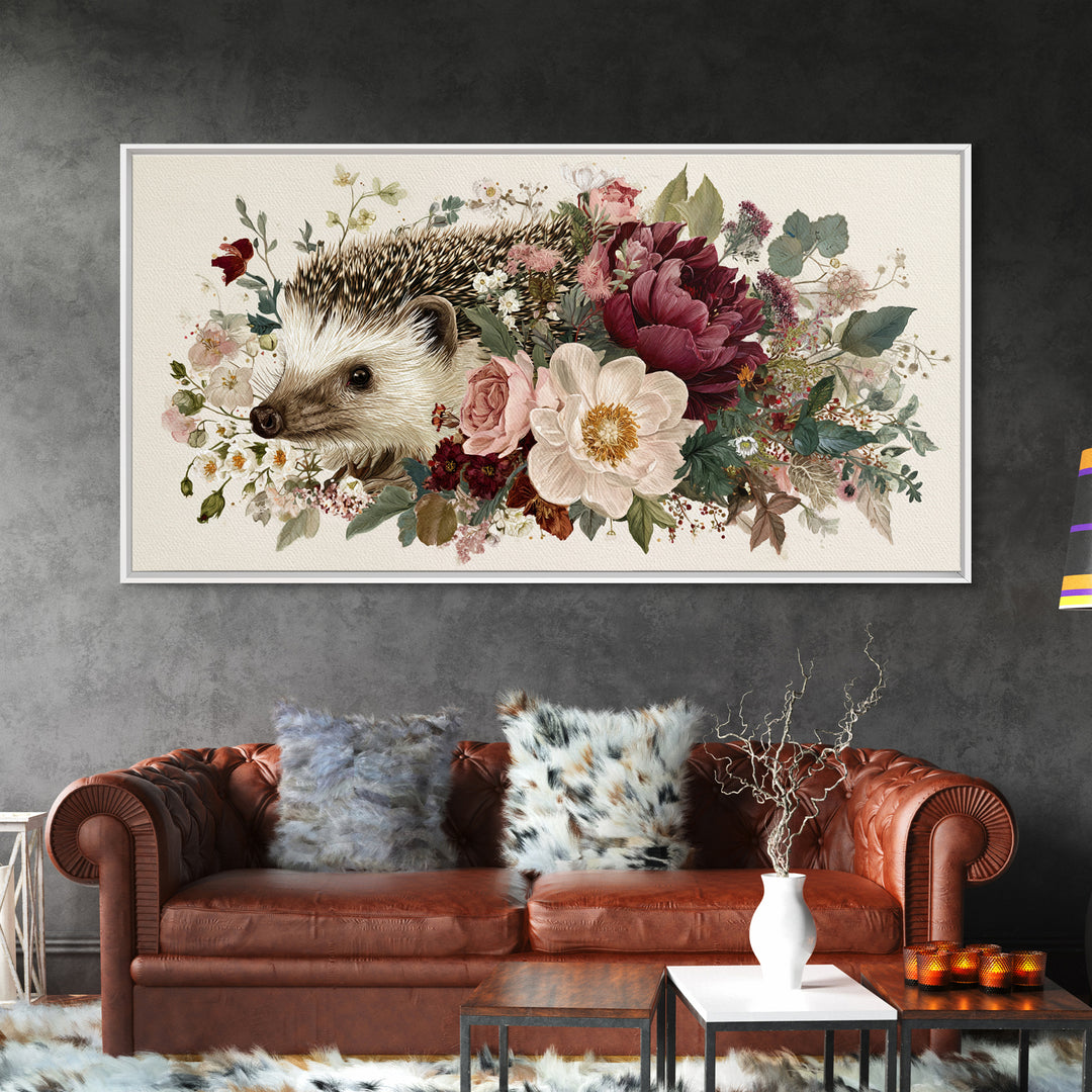 Hedgehog Carrying Wildflowers Framed Canvas Print, Whimsical Art, Wall Art, Living Room Decor, Watercolor Art, Wonder, WHI-2x1-35