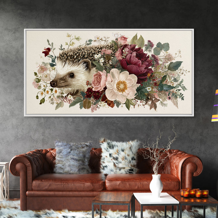 Hedgehog Carrying Wildflowers Framed Canvas Print, Whimsical Art, Wall Art, Living Room Decor, Watercolor Art, Wonder, WHI-2x1-35