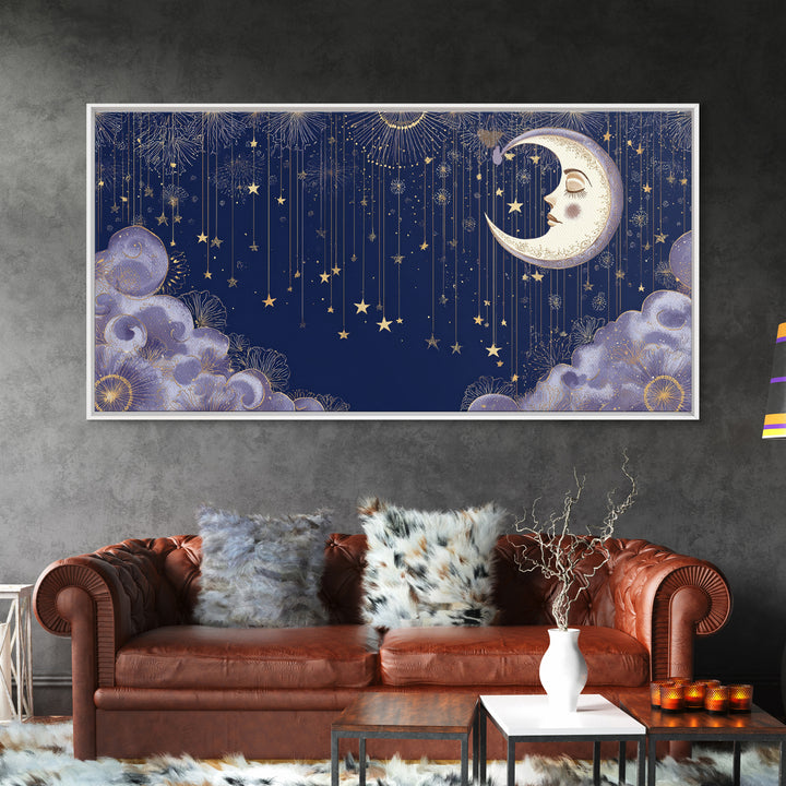 Moon with Sleeping Face and Dangling Stars Canvas Print, Whimsical Art, Home Decor, Living Room Decor, Fine Art, Wonder, WHI-2x1-36