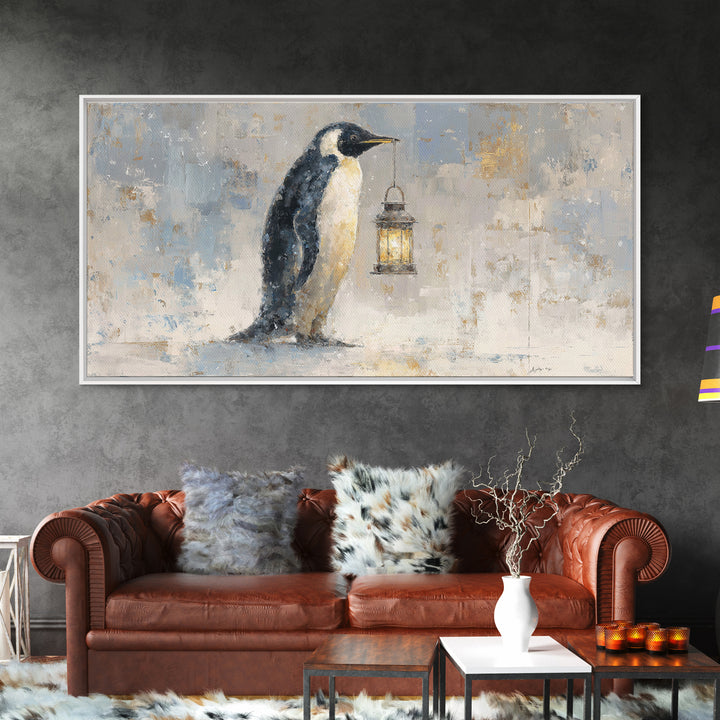 Penguin Holding a Lantern Framed Canvas Print, Whimsical Art, Digital Art, Living Room Decor, Fine Art, Wonder, Nursery, WHI-2x1-37