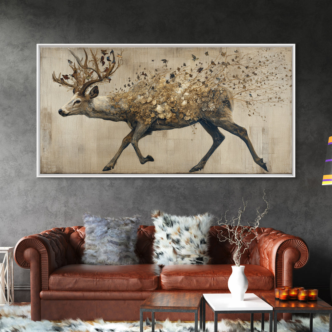Deer with Antlers Full of Birds Canvas Print, Whimsical Art, Printable Wall Art, Living Room Decor, Oil Painting, Wonder, WHI-2x1-39
