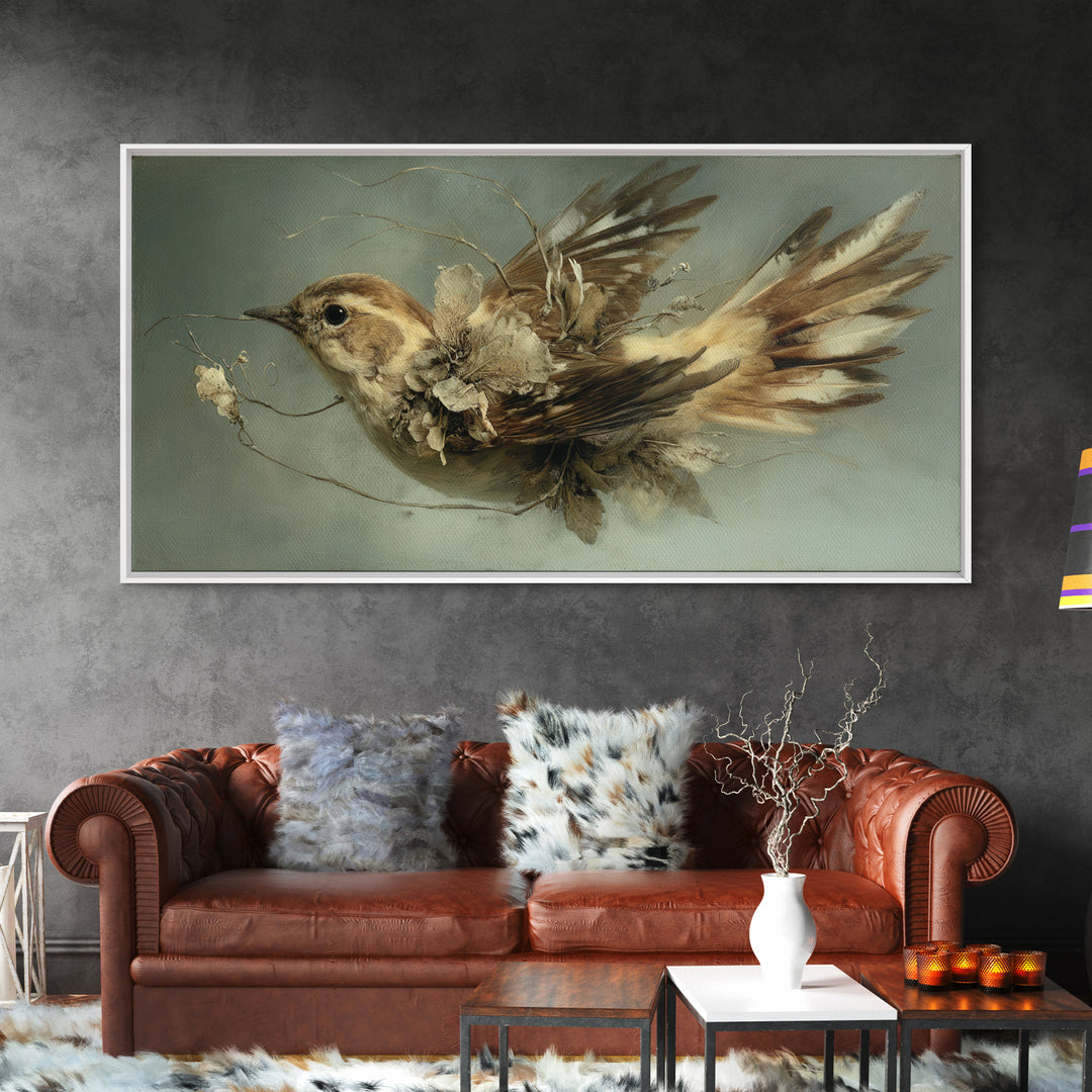 Bird Delivering a Tiny Love Letter Framed Canvas Print, Whimsical Art, Oil Painting, Living Room Decor, Fine Art, Wonder, WHI-2x1-43