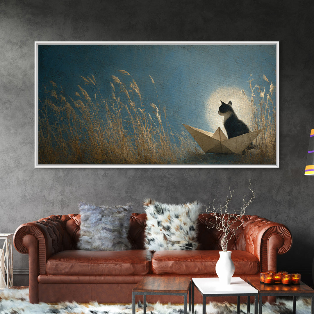 Cat Sailing a Paper Boat Framed Canvas Print, Whimsical Art, Wall Decor, Living Room Decor, Fine Art, Wonder, Printable Art, WHI-2x1-46