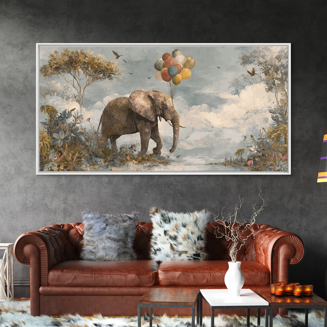 Elephant Holding Balloons Canvas Print, Whimsical Art, Whimsical, Living Room Decor, Oil Painting, Wonder, Nursery Art, WHI-2x1-47
