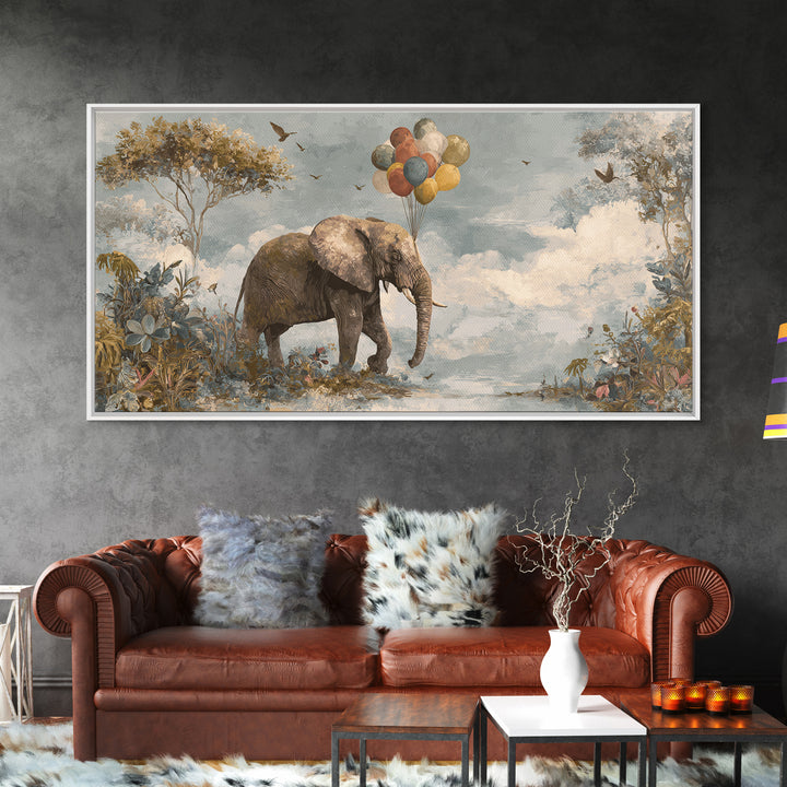 Elephant Holding Balloons Canvas Print, Whimsical Art, Whimsical, Living Room Decor, Oil Painting, Wonder, Nursery Art, WHI-2x1-47