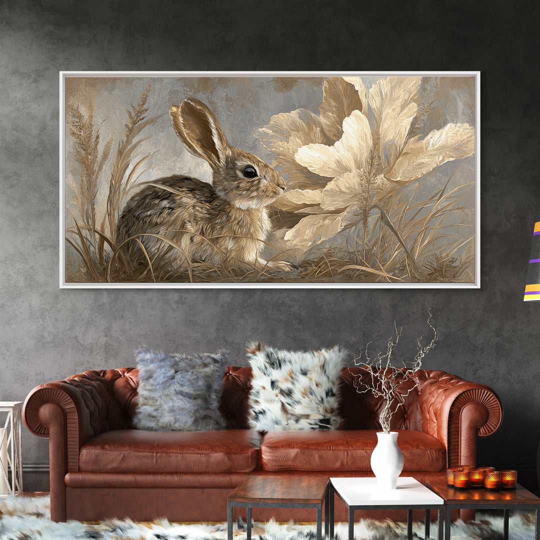 Rabbit Reading Beneath a Giant Flower Canvas Print, Whimsical Art, Digital Print, Living Room Decor, Watercolor Art, Wonder, WHI-2x1-49