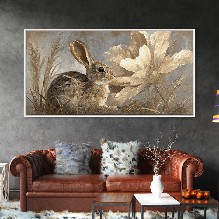 Rabbit Reading Beneath a Giant Flower Canvas Print, Whimsical Art, Digital Print, Living Room Decor, Watercolor Art, Wonder, WHI-2x1-49