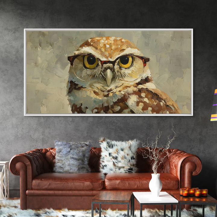 Owl Wearing Spectacles Among Stars Framed Canvas Print, Whimsical Art, Prints, Living Room Decor, Wonder, Printable Art, WHI-2x1-50