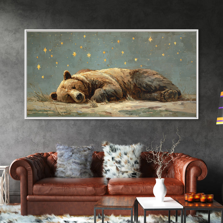Bear Painting Stars Onto the Night Sky Canvas Print, Whimsical Art, Whimsical, Living Room Decor, Oil Painting, Wonder, WHI-2x1-53