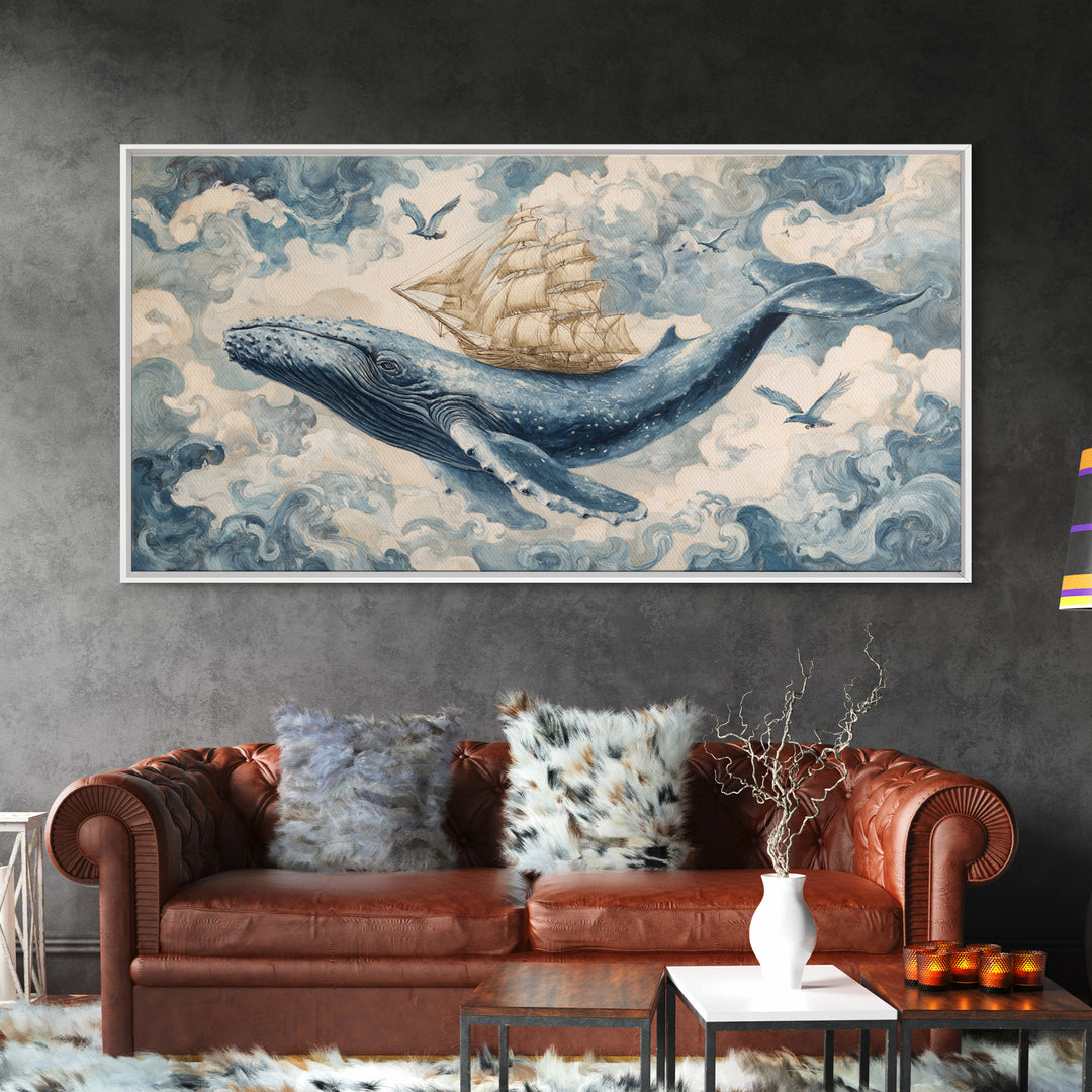Whale Flying Through Clouds Like Ocean Canvas Print, Whimsical Art, Original Art, Living Room Decor, Fine Art, Wonder, WHI-2x1-57