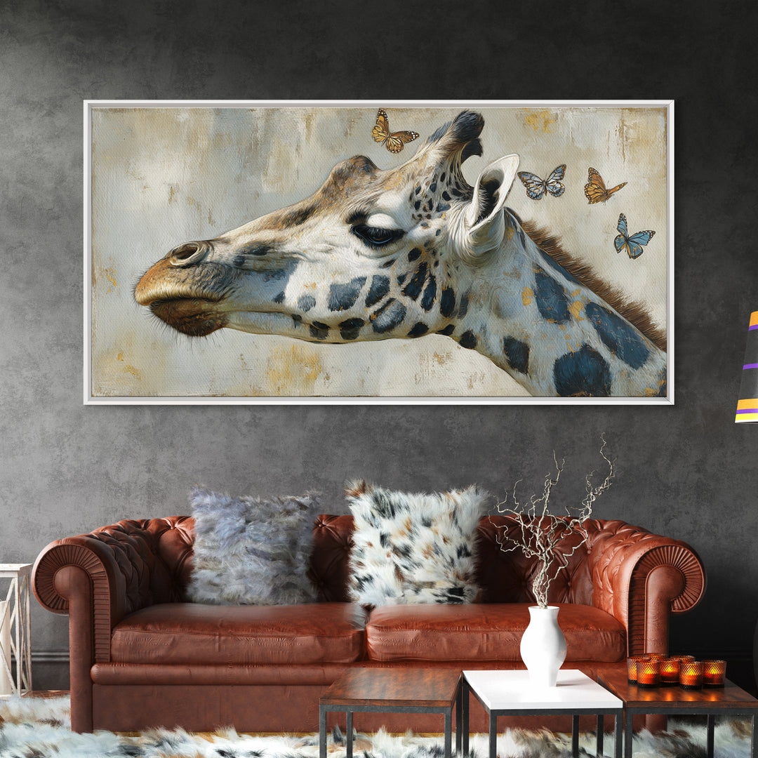 Giraffe with Scarf and Butterflies Framed Canvas Print, Whimsical Art, Minimalist Decor, Living Room Decor, Fine Art, Wonder, WHI-2x1-6