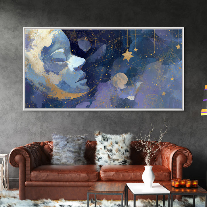 Moon with Sleeping Face and Dangling Stars Framed Canvas Print, Whimsical Art, Printable Wall Art, Living Room Decor, Wonder, WHI-2x1-60