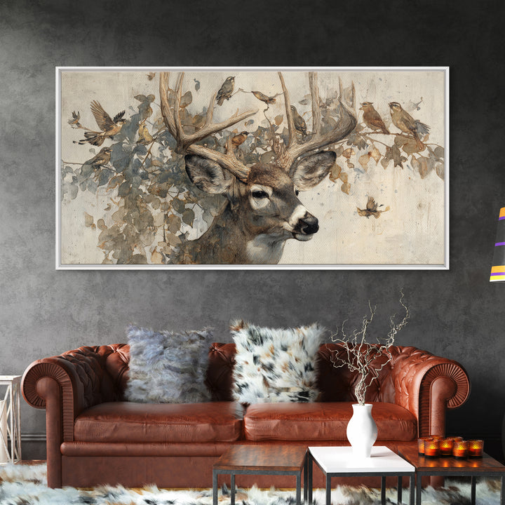 Deer with Antlers Full of Birds Canvas Print, Whimsical Art, Living Room Decor, Fine Art, Wonder, Gallery Decor, Neutral Decor, WHI-2x1-63