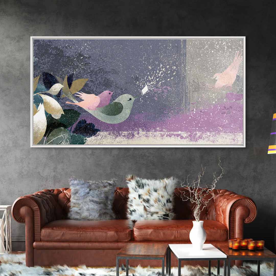 Bird Delivering a Tiny Love Letter Framed Canvas Print, Whimsical Art, Gallery Decor, Living Room Decor, Fine Art, Wonder, WHI-2x1-67
