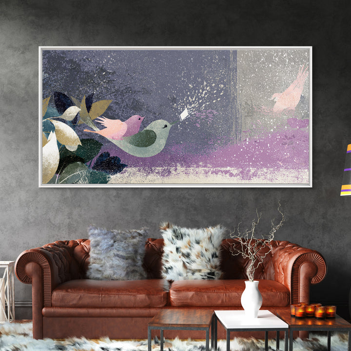 Bird Delivering a Tiny Love Letter Framed Canvas Print, Whimsical Art, Gallery Decor, Living Room Decor, Fine Art, Wonder, WHI-2x1-67
