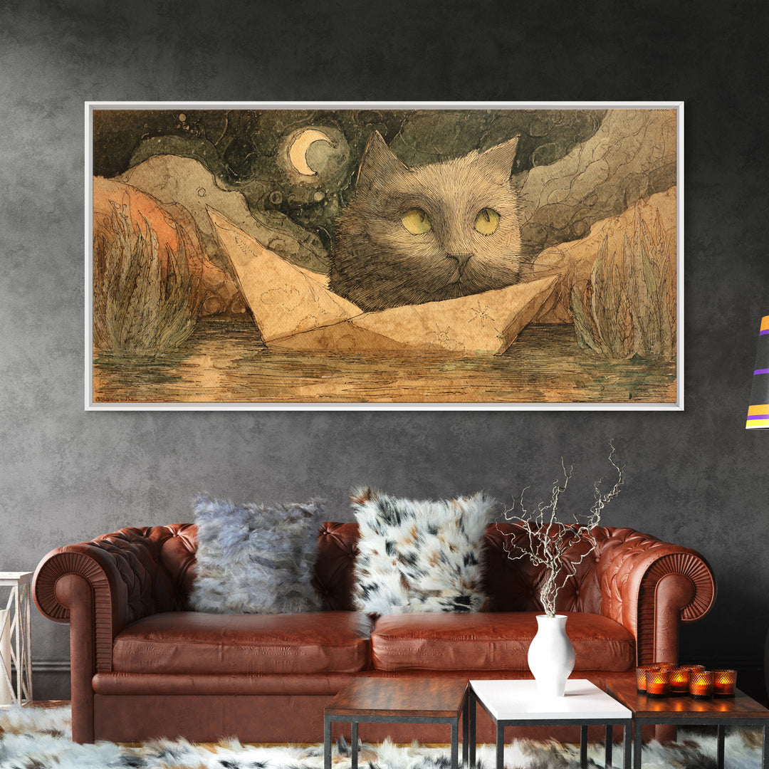 Cat Sailing a Paper Boat Canvas Print, Whimsical Art, Oil Painting, Living Room Decor, Fine Art, Wonder, Dark Academia Decor, WHI-2x1-70