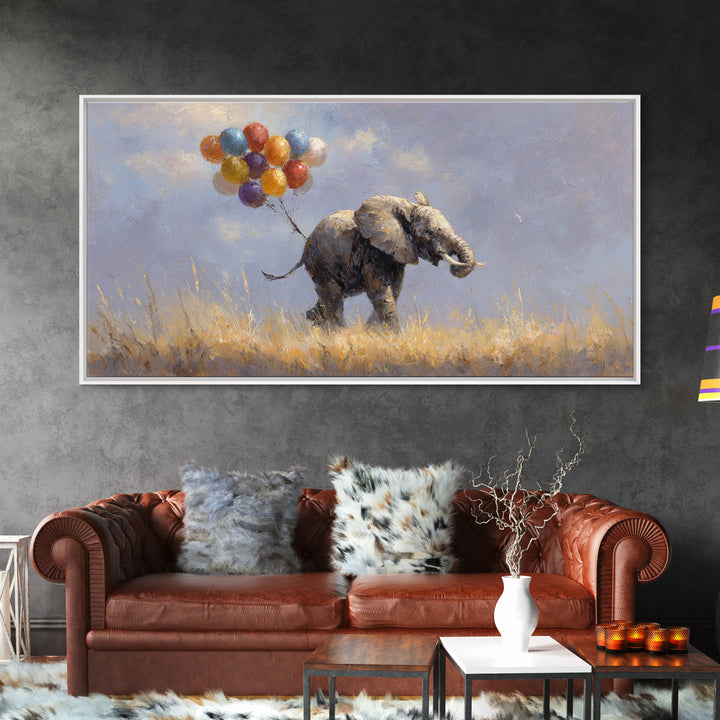 Elephant Holding Balloons Canvas Print, Whimsical Art, Bird Art, Living Room Decor, Abstract Art, Wonder, Textured Painting, WHI-2x1-71
