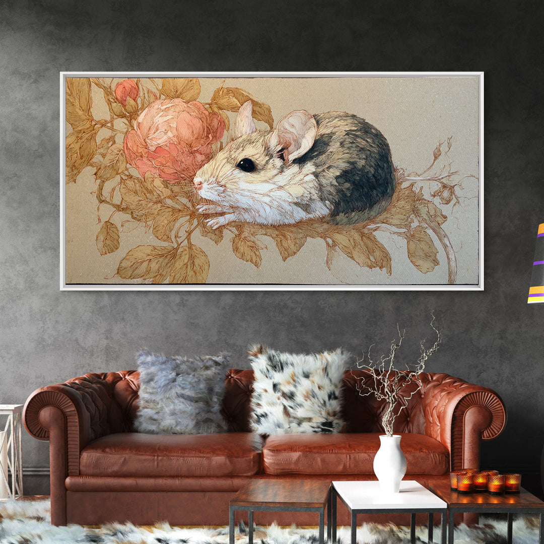 Mouse Ballerina in a Rose Garden Framed Canvas Print, Whimsical Art, Cat Art, Living Room Decor, Watercolor Art, Wonder, WHI-2x1-79