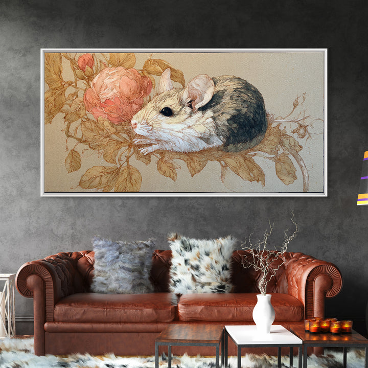 Mouse Ballerina in a Rose Garden Framed Canvas Print, Whimsical Art, Cat Art, Living Room Decor, Watercolor Art, Wonder, WHI-2x1-79