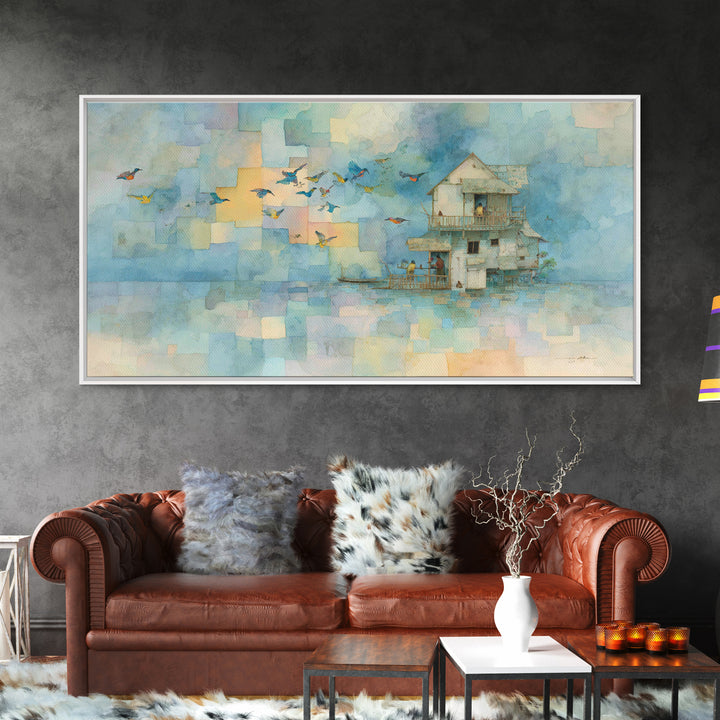 Whale Flying Through Clouds Like Ocean Framed Canvas Print, Whimsical Art, Printable Art, Living Room Decor, Watercolor Art, WHI-2x1-81